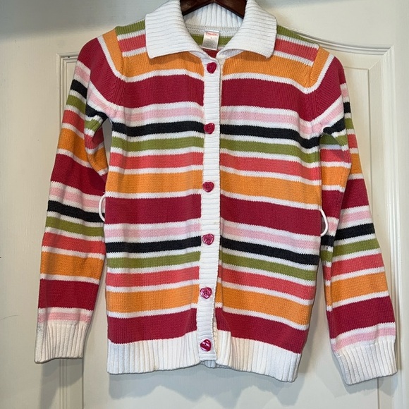 Colorful Striped Girl’s Collared Cardigan with Heart Buttons - Picture 1 of 5